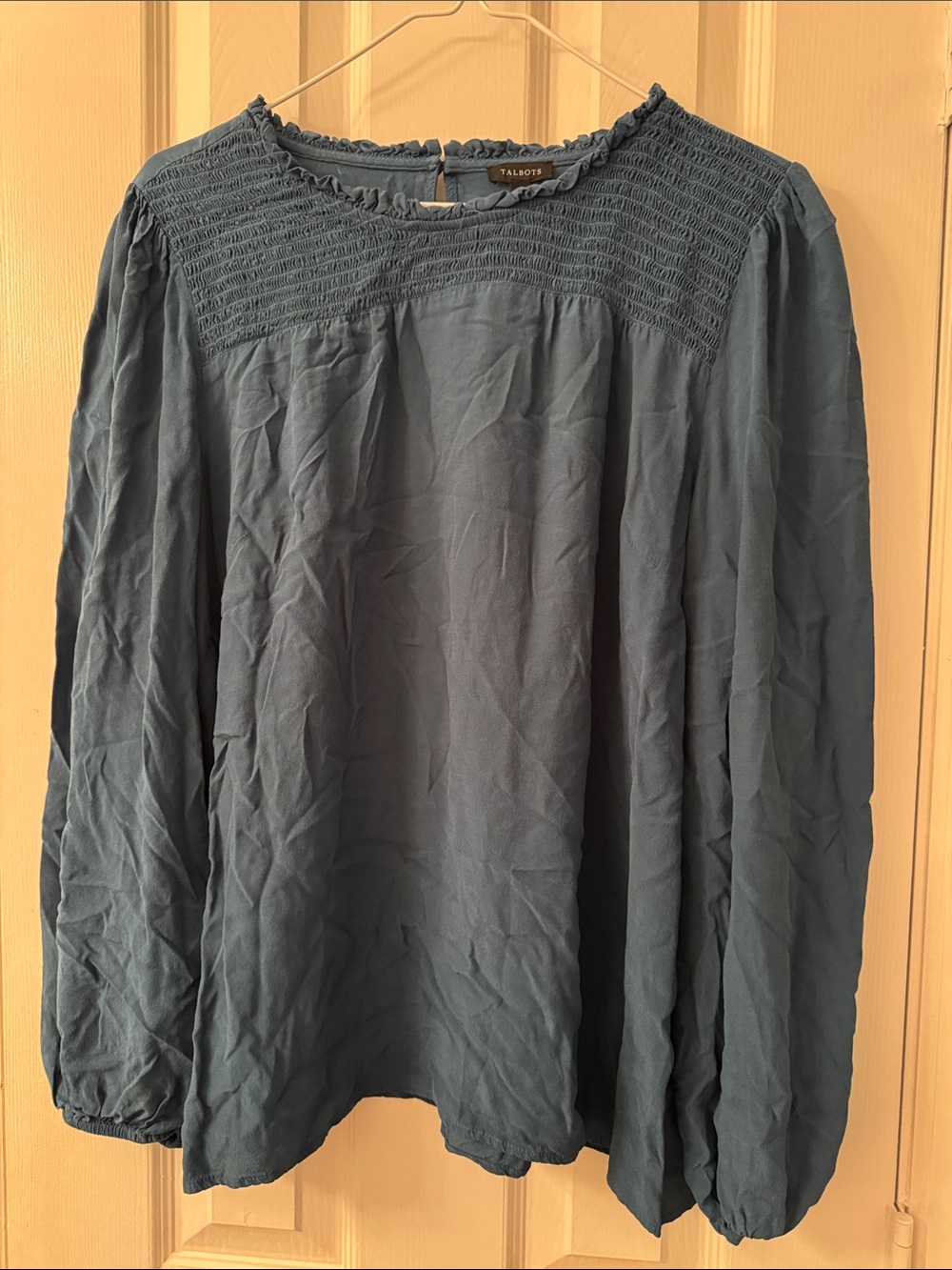 Talbots Slate Blue Smocked Yoke Long Sleeve Blouse